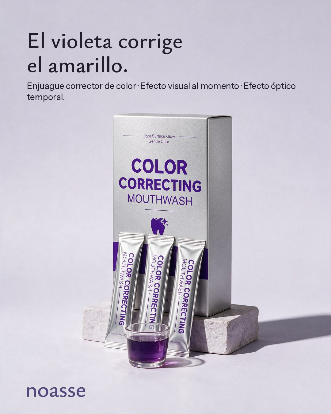 Noasse: el violeta corrige el amarillo. Caja y sobres del enjuague corrector de color